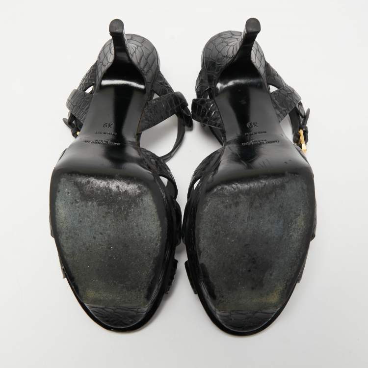 Pre Owned Saint Laurent Black Croc Embossed Leather Tribute Platform Ankle Strap Sandals Size 39
