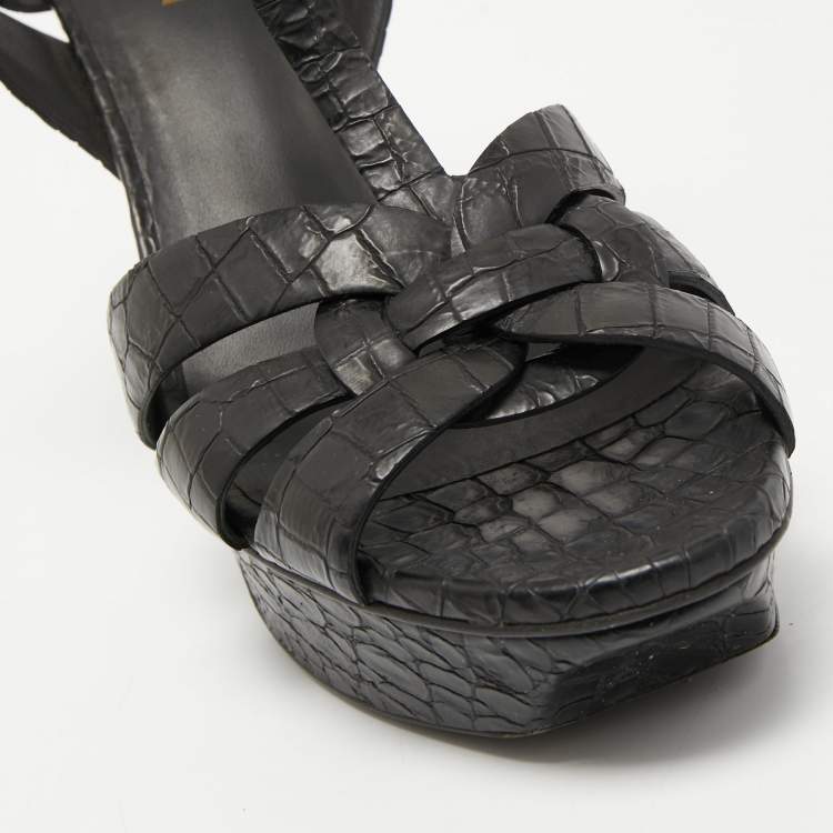 Pre Owned Saint Laurent Black Croc Embossed Leather Tribute Platform Ankle Strap Sandals Size 39