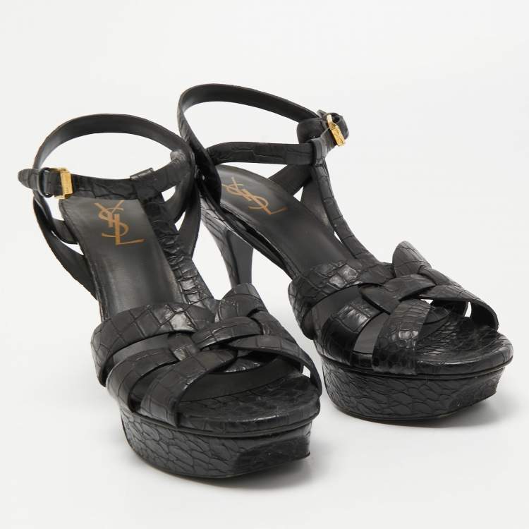 Pre Owned Saint Laurent Black Croc Embossed Leather Tribute Platform Ankle Strap Sandals Size 39