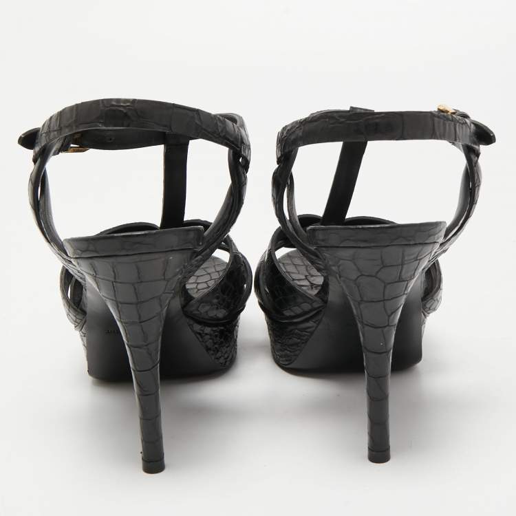 Pre Owned Saint Laurent Black Croc Embossed Leather Tribute Platform Ankle Strap Sandals Size 39