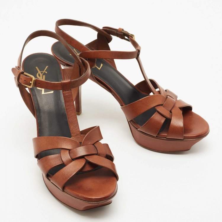 مملوكة مسبقًا Saint Laurent Brown Leather Tribute Platform Ankle Strap Sandals Size 39