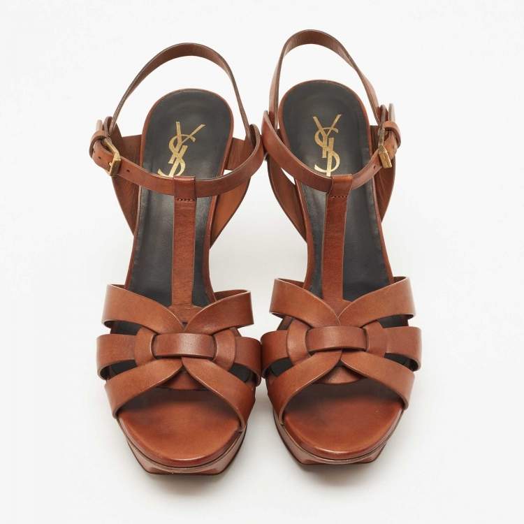 مملوكة مسبقًا Saint Laurent Brown Leather Tribute Platform Ankle Strap Sandals Size 39