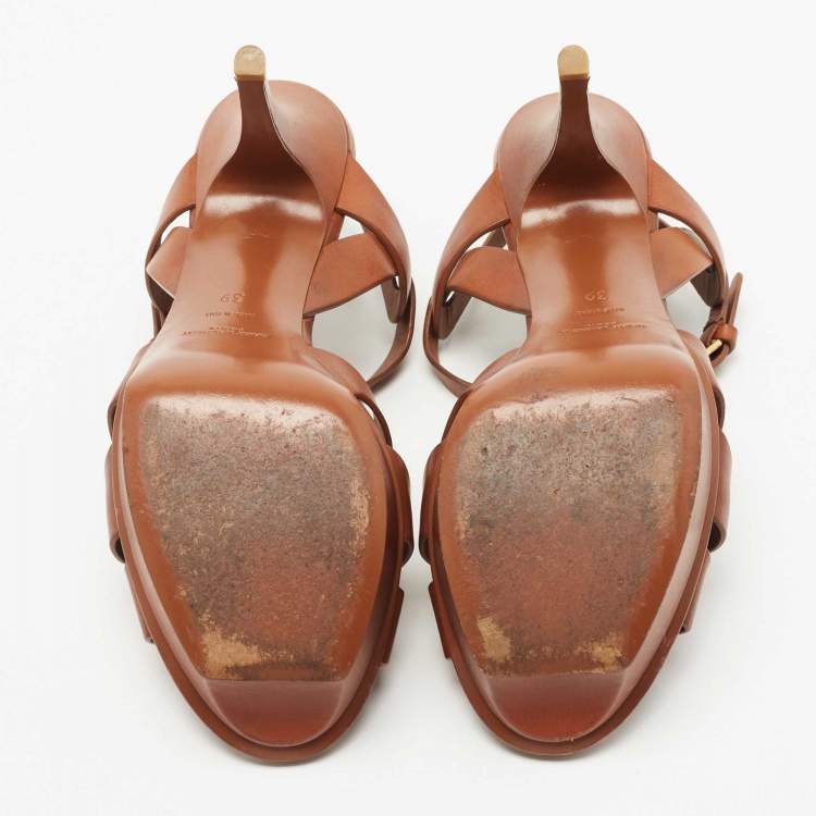 مملوكة مسبقًا Saint Laurent Brown Leather Tribute Platform Ankle Strap Sandals Size 39