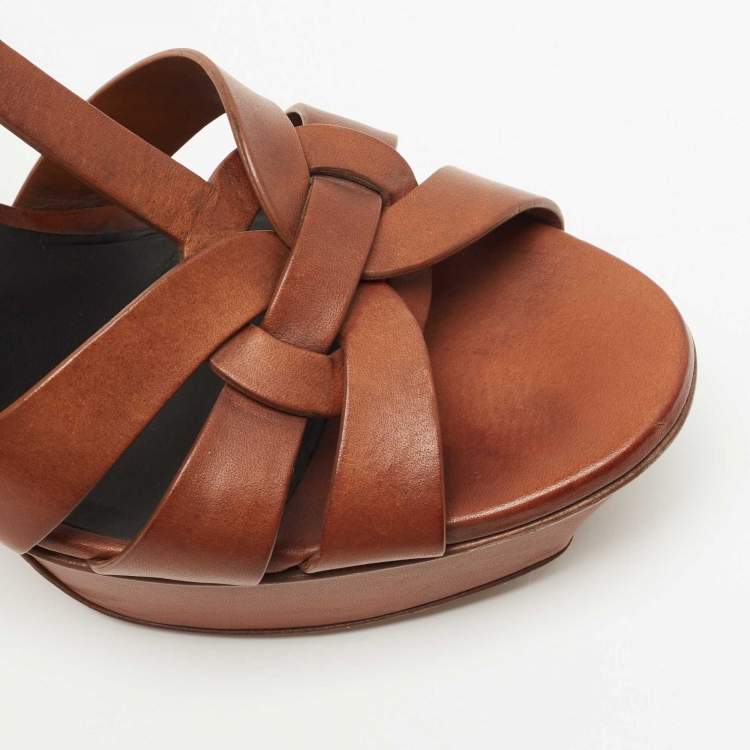 مملوكة مسبقًا Saint Laurent Brown Leather Tribute Platform Ankle Strap Sandals Size 39