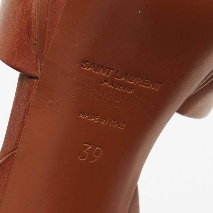 مملوكة مسبقًا Saint Laurent Brown Leather Tribute Platform Ankle Strap Sandals Size 39