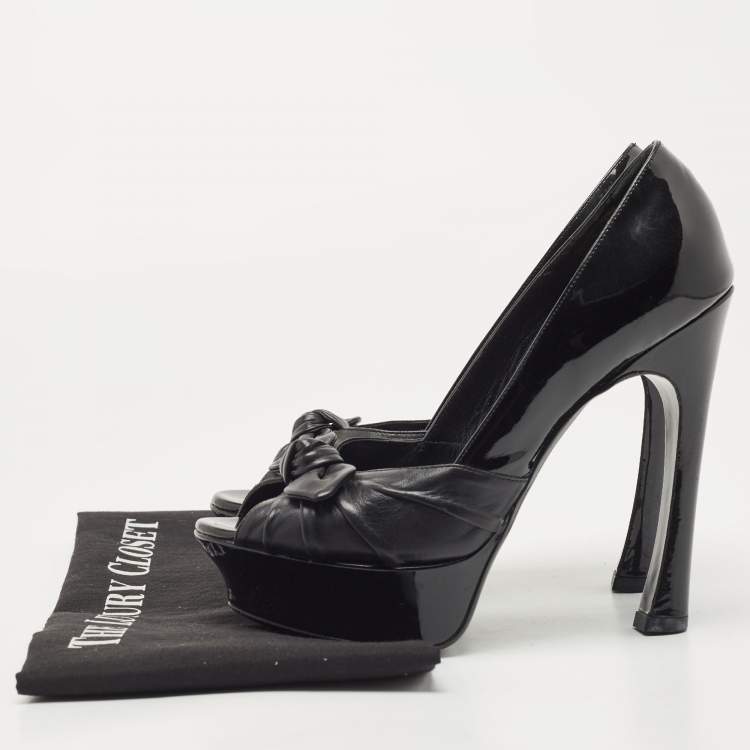 Pre Owned Saint Laurent Black Patent and Leather Palais Bow Pumps Size 37.5