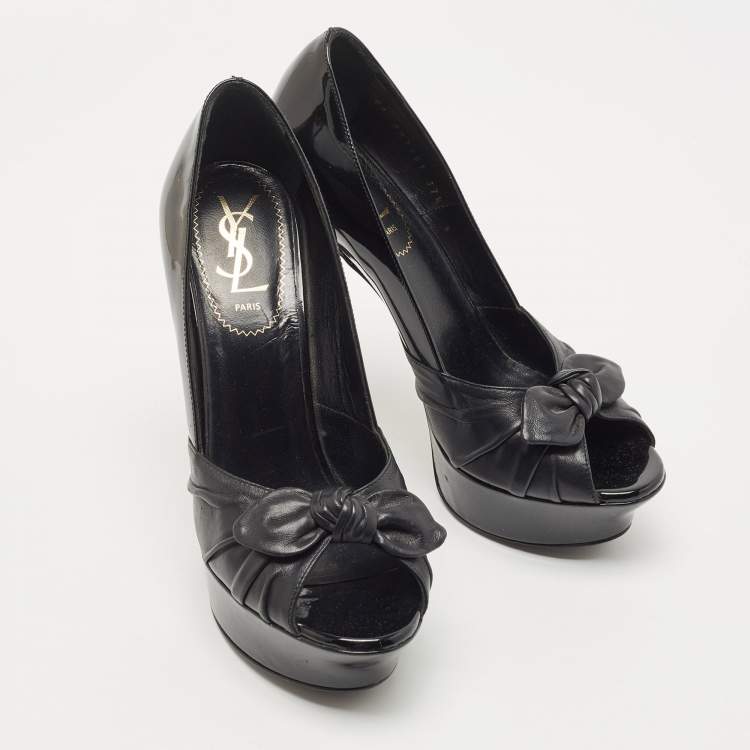 Pre Owned Saint Laurent Black Patent and Leather Palais Bow Pumps Size 37.5