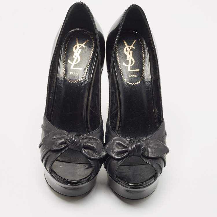 Pre Owned Saint Laurent Black Patent and Leather Palais Bow Pumps Size 37.5