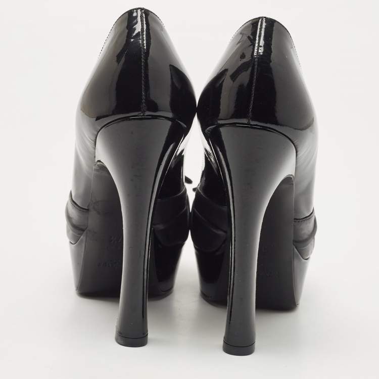Pre Owned Saint Laurent Black Patent and Leather Palais Bow Pumps Size 37.5