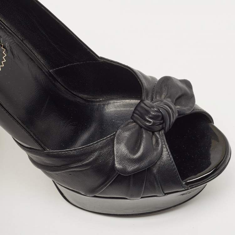Pre Owned Saint Laurent Black Patent and Leather Palais Bow Pumps Size 37.5