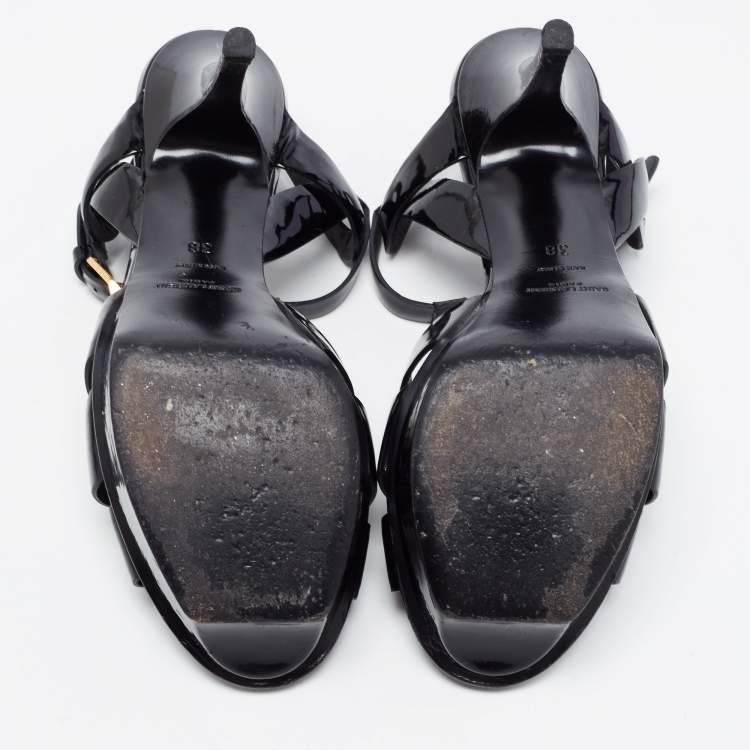 مملوكة مسبقًا Saint Laurent Paris Black Patent Leather Tribute Platform Ankle Strap Sandals Size 38