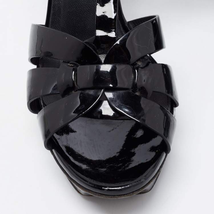 مملوكة مسبقًا Saint Laurent Paris Black Patent Leather Tribute Platform Ankle Strap Sandals Size 38