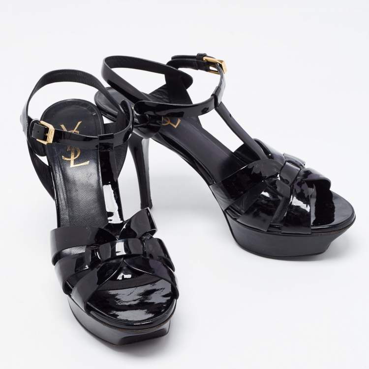 مملوكة مسبقًا Saint Laurent Paris Black Patent Leather Tribute Platform Ankle Strap Sandals Size 38