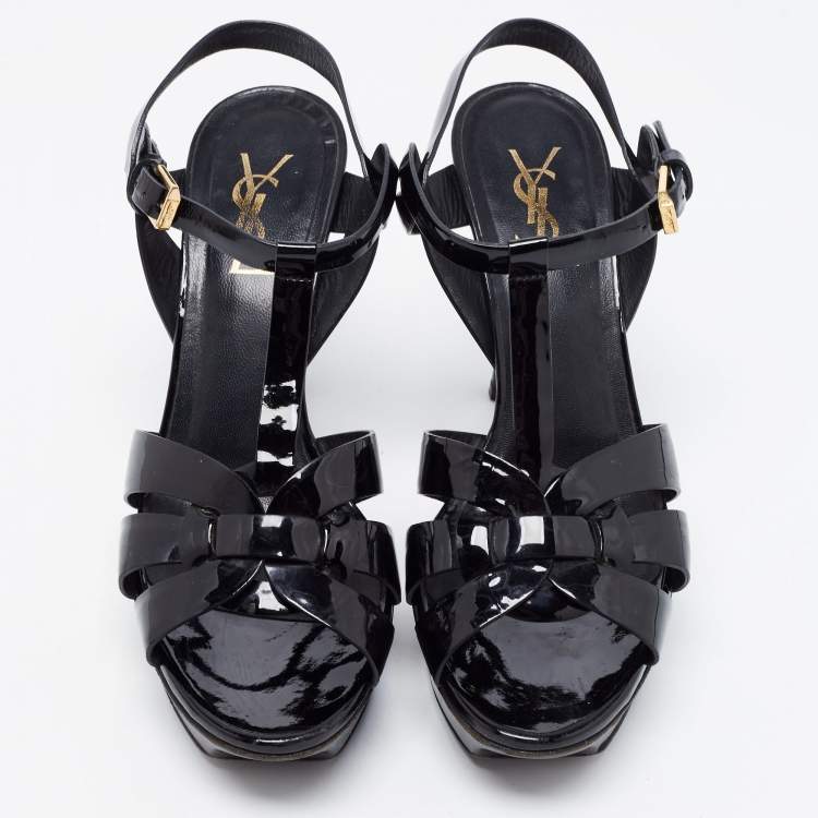 مملوكة مسبقًا Saint Laurent Paris Black Patent Leather Tribute Platform Ankle Strap Sandals Size 38