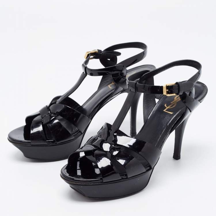 مملوكة مسبقًا Saint Laurent Paris Black Patent Leather Tribute Platform Ankle Strap Sandals Size 38