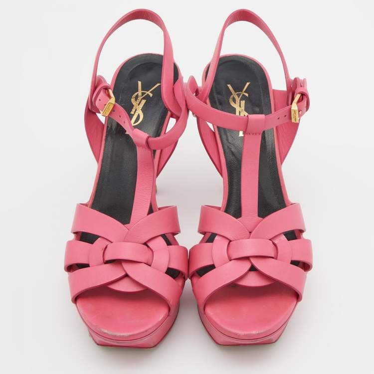 Pre Owned Saint Laurent Pink Leather Tribute Platform Sandals Size 37