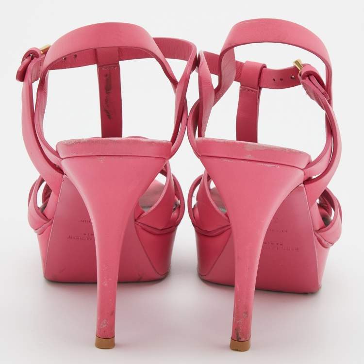 Pre Owned Saint Laurent Pink Leather Tribute Platform Sandals Size 37