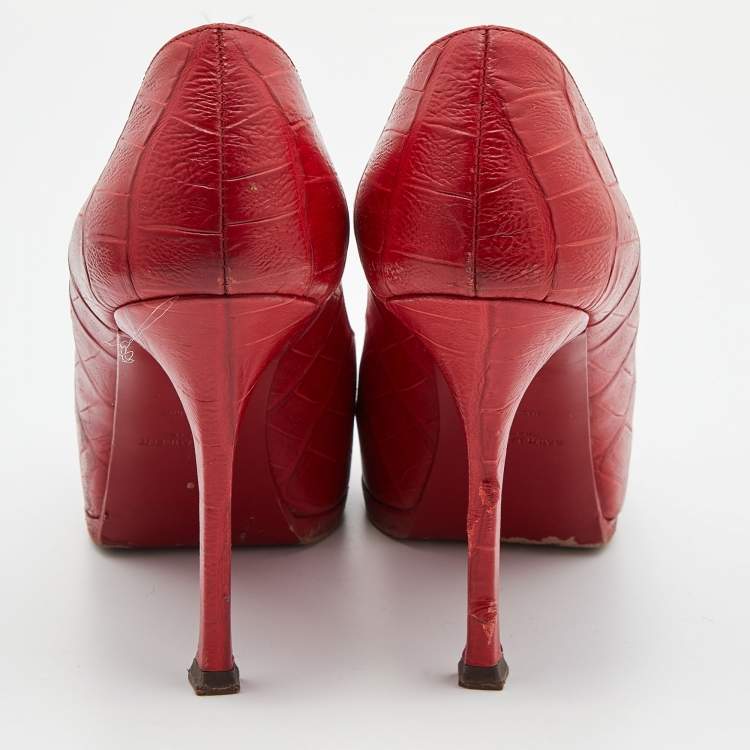 Pre Owned Saint Laurent Red Croc Embossed Leather Tribtoo Platform Pumps Size 37
