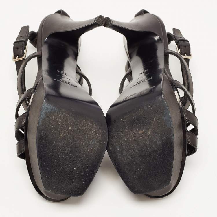 Pre Owned Saint Laurent Paris Black Leather Platform Ankle Strap Sandals Size 38.5