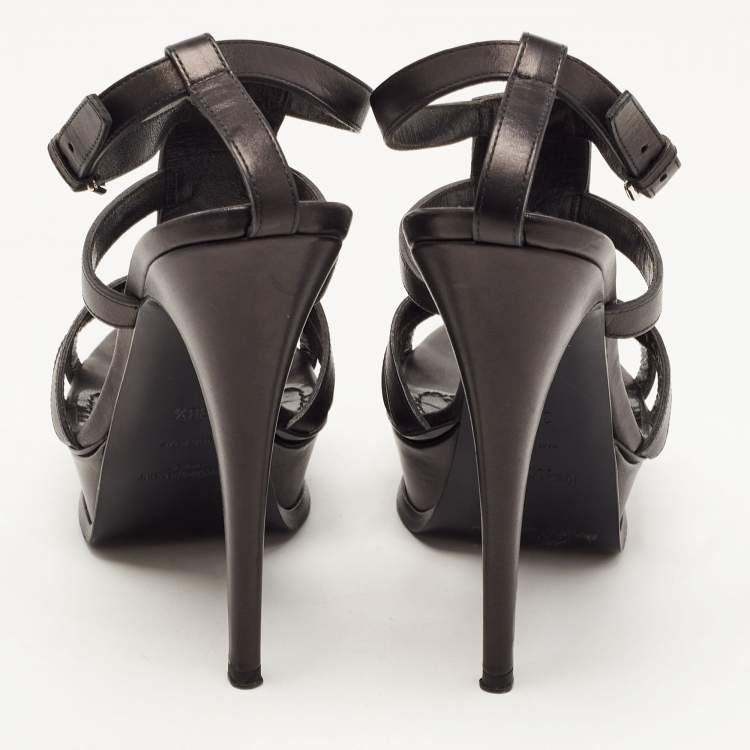 Pre Owned Saint Laurent Paris Black Leather Platform Ankle Strap Sandals Size 38.5
