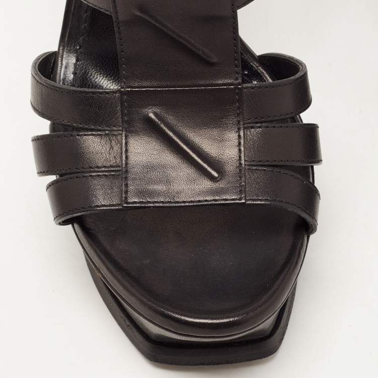 Pre Owned Saint Laurent Paris Black Leather Platform Ankle Strap Sandals Size 38.5
