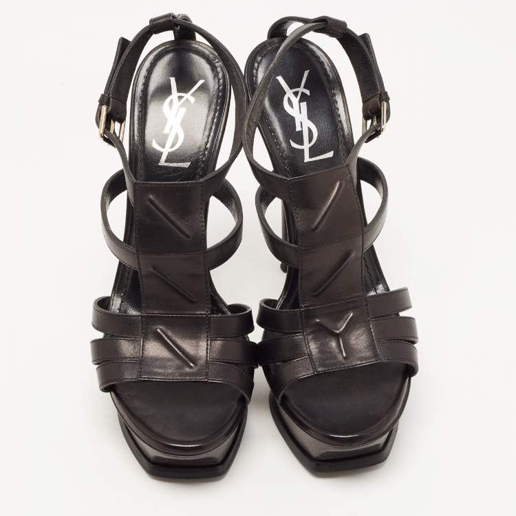 Pre Owned Saint Laurent Paris Black Leather Platform Ankle Strap Sandals Size 38.5