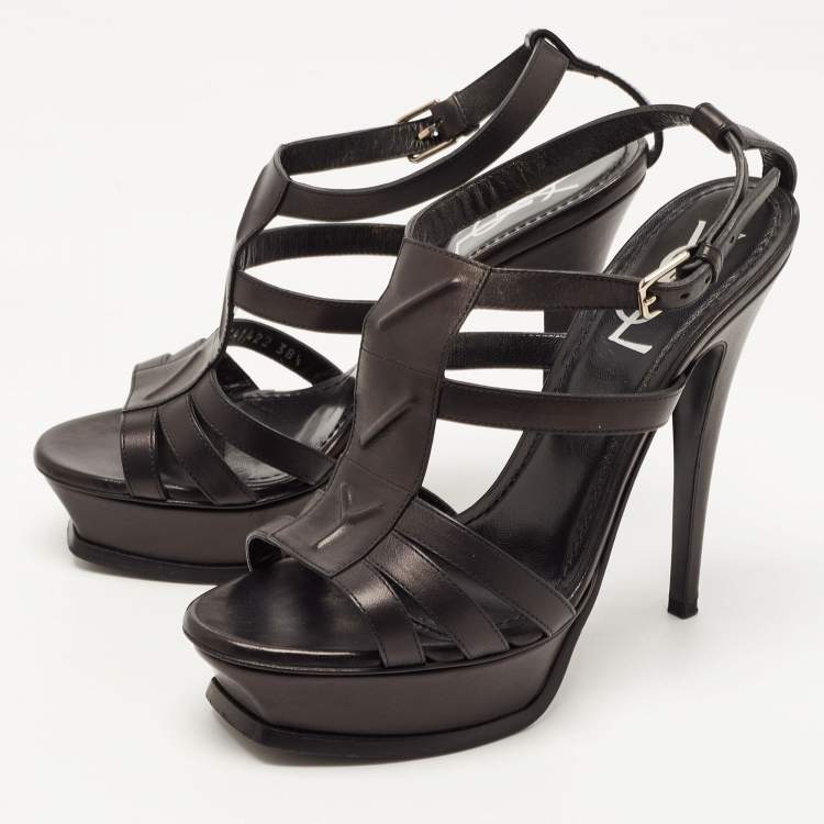 Pre Owned Saint Laurent Paris Black Leather Platform Ankle Strap Sandals Size 38.5