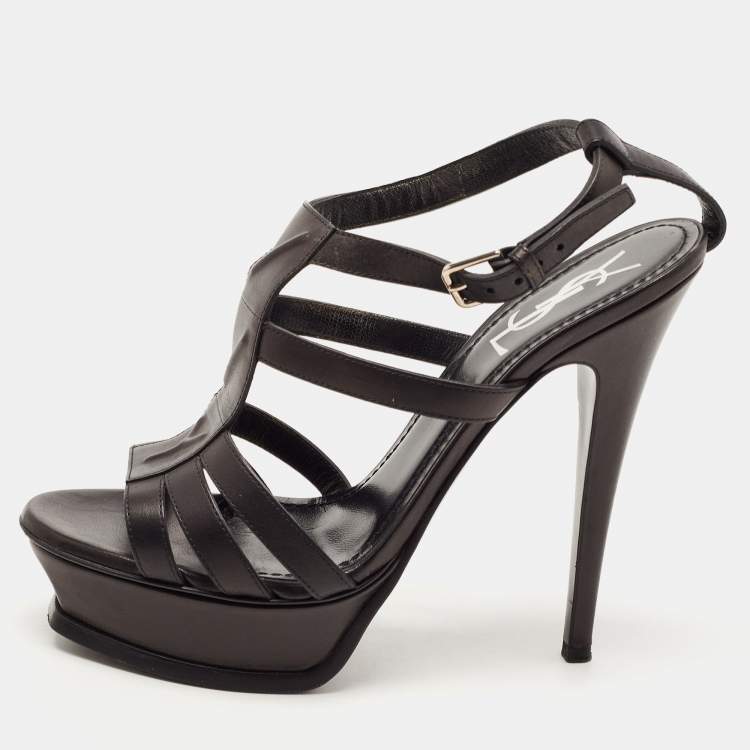 Pre Owned Saint Laurent Paris Black Leather Platform Ankle Strap Sandals Size 38.5