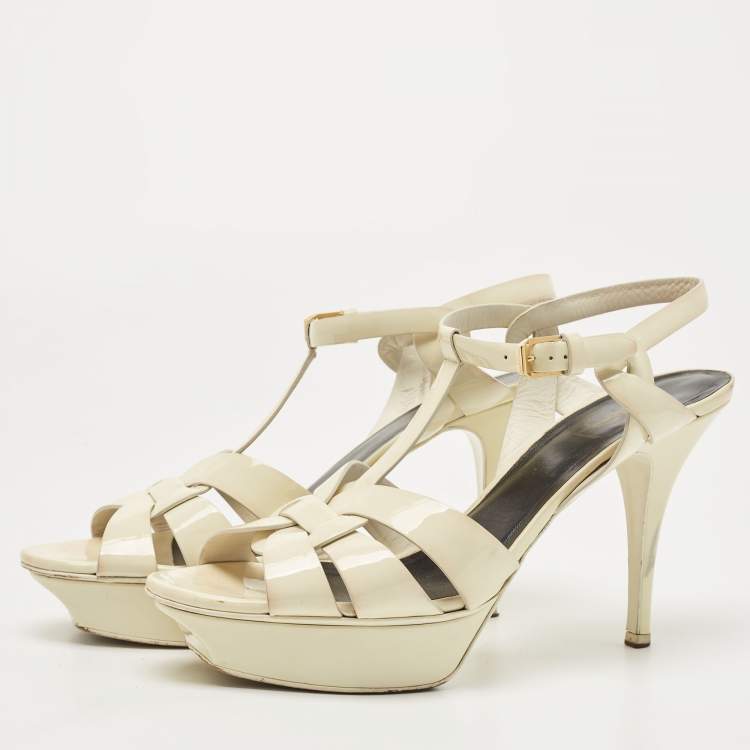 Pre Owned Saint Laurent Off White Patent Leather Tribute Sandals Size 41