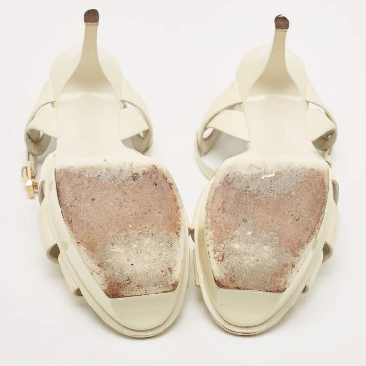 Pre Owned Saint Laurent Off White Patent Leather Tribute Sandals Size 41