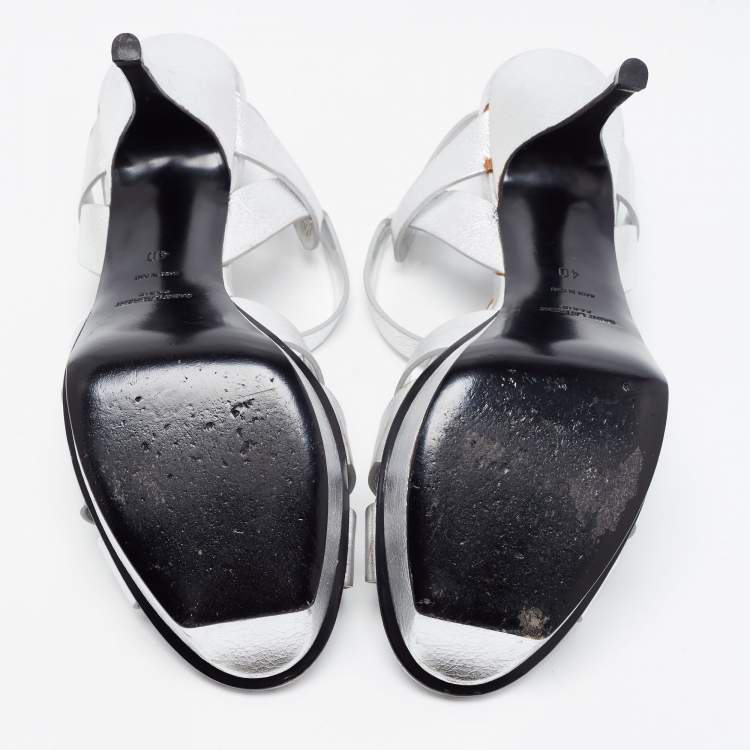 Pre Owned Saint Laurent Silver Leather Tribute Platform Ankle Strap Sandals Size 40