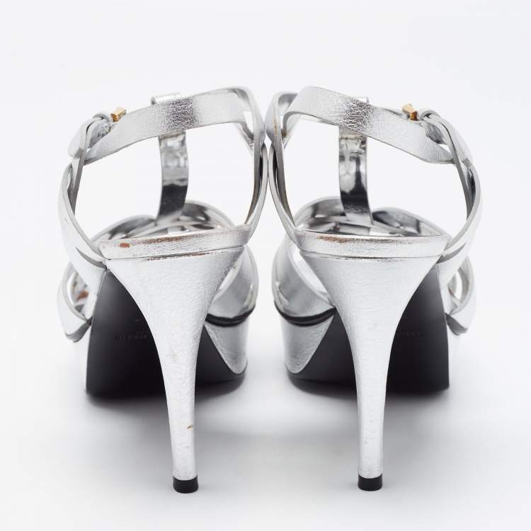 Pre Owned Saint Laurent Silver Leather Tribute Platform Ankle Strap Sandals Size 40