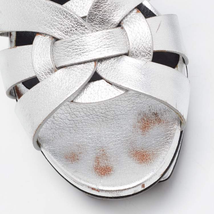 Pre Owned Saint Laurent Silver Leather Tribute Platform Ankle Strap Sandals Size 40