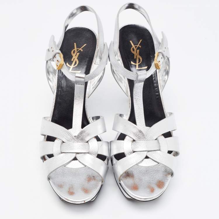Pre Owned Saint Laurent Silver Leather Tribute Platform Ankle Strap Sandals Size 40
