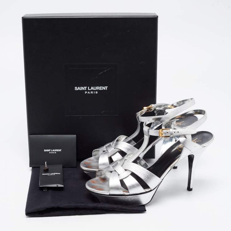 Pre Owned Saint Laurent Silver Leather Tribute Platform Ankle Strap Sandals Size 40