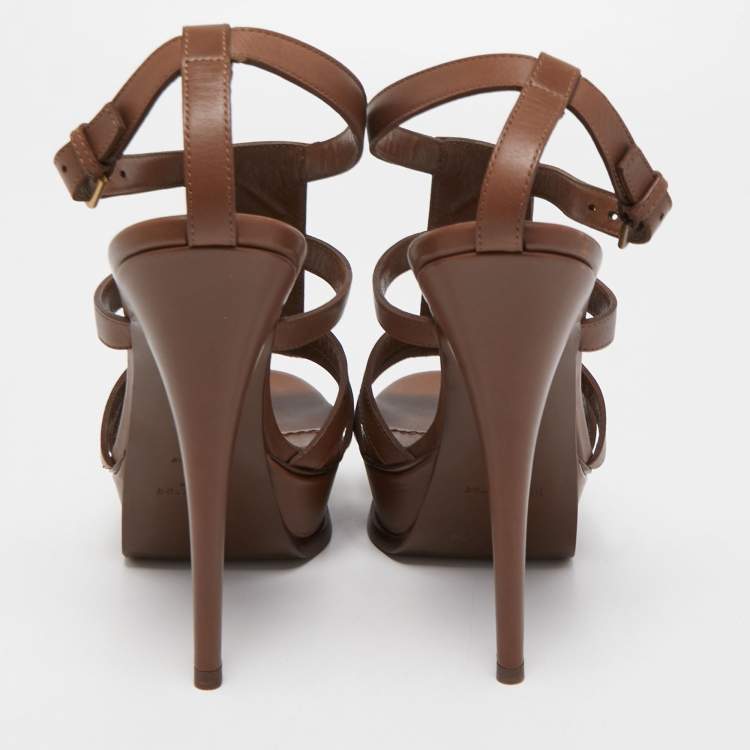 Pre Owned Saint Laurent Paris Brown Leather Platform Ankle Strap Sandals Size 38
