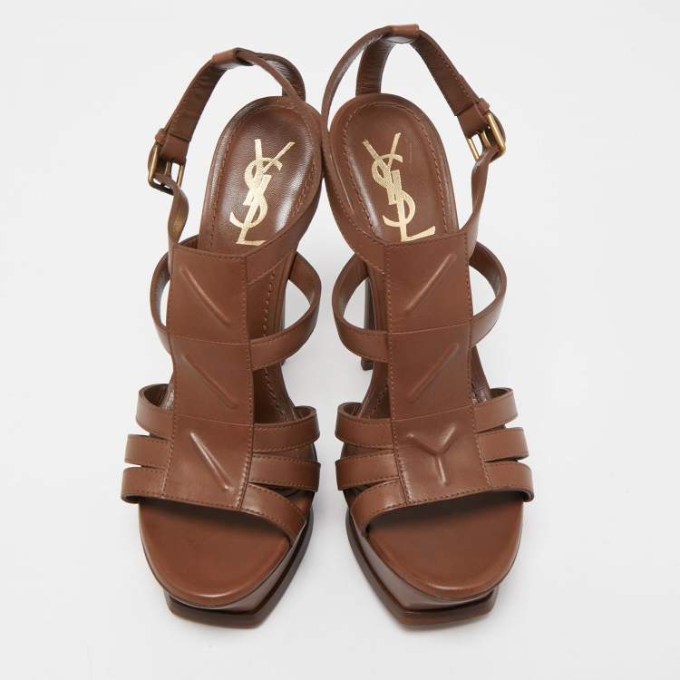 Pre Owned Saint Laurent Paris Brown Leather Platform Ankle Strap Sandals Size 38
