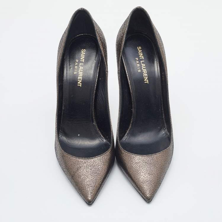 Pre Owned Saint Laurent Metallic Leather Anja Pointed Toe Pumps Size 38.5