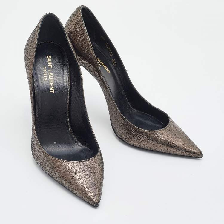 Pre Owned Saint Laurent Metallic Leather Anja Pointed Toe Pumps Size 38.5