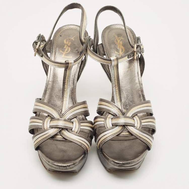 Pre Owned Saint Laurent Metallic Grey/White Leather Tribute  Sandals Size 38