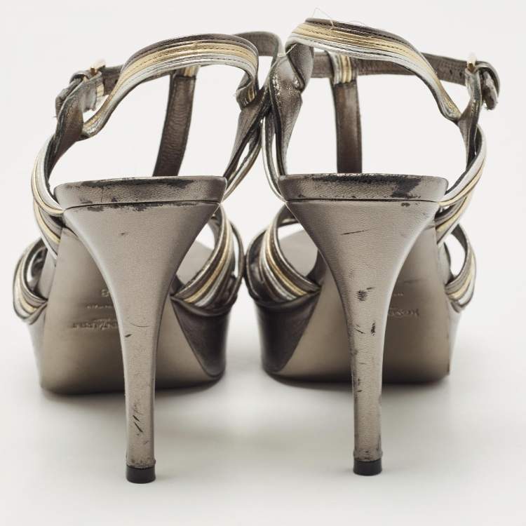 Pre Owned Saint Laurent Metallic Grey/White Leather Tribute  Sandals Size 38