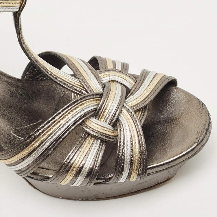 Pre Owned Saint Laurent Metallic Grey/White Leather Tribute  Sandals Size 38