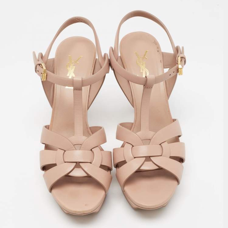 Pre Owned Saint Laurent Beige Leather Tribute Ankle Strap Sandals Size 38