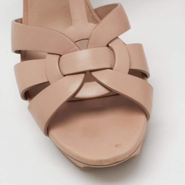 Pre Owned Saint Laurent Beige Leather Tribute Ankle Strap Sandals Size 38