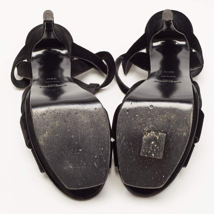 Pre Owned Saint Laurent Black Velvet Tribute Sandals Size 38.5