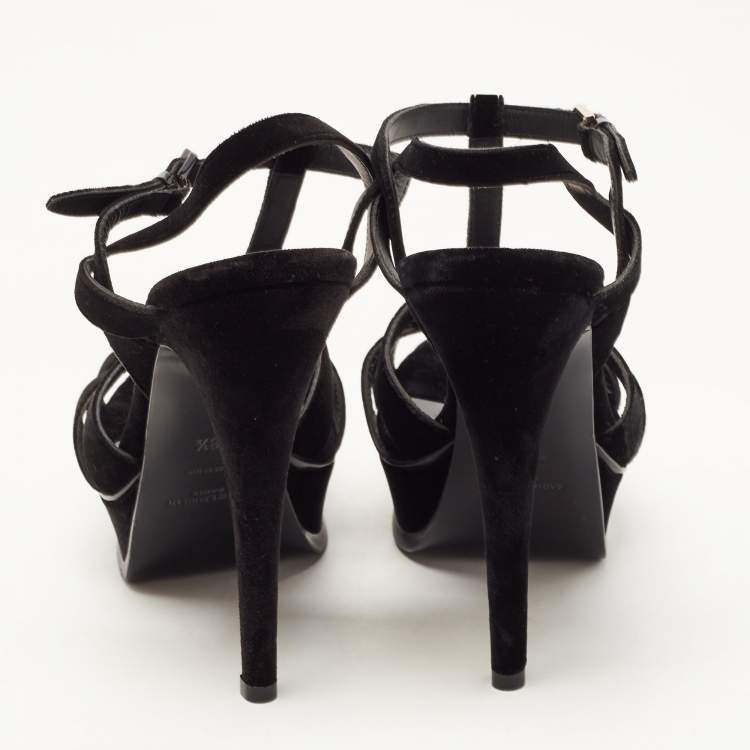 Pre Owned Saint Laurent Black Velvet Tribute Sandals Size 38.5