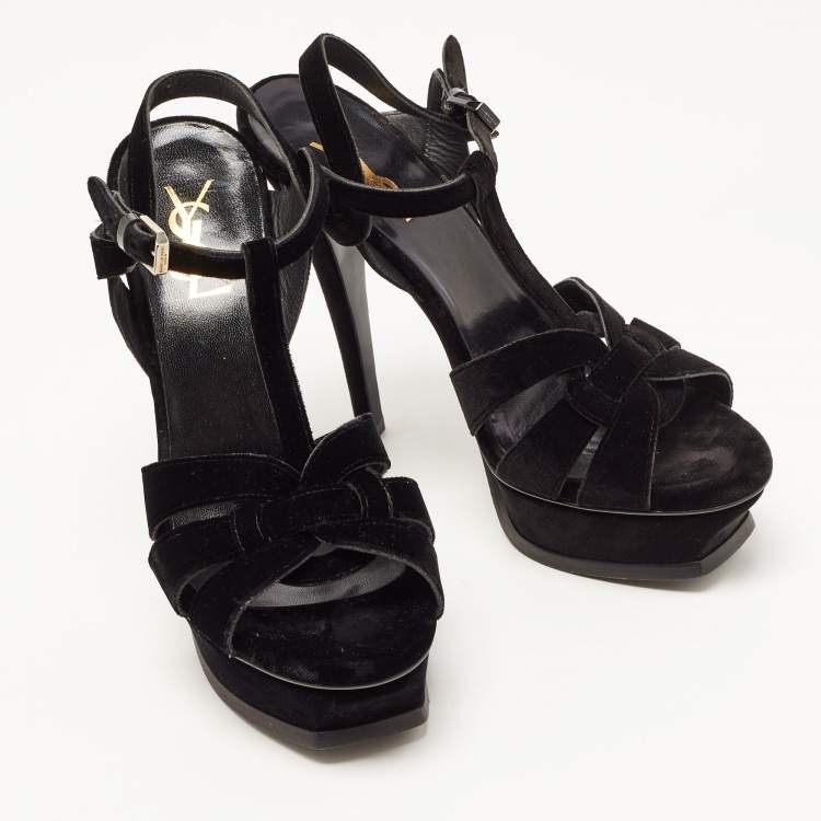Pre Owned Saint Laurent Black Velvet Tribute Sandals Size 38.5