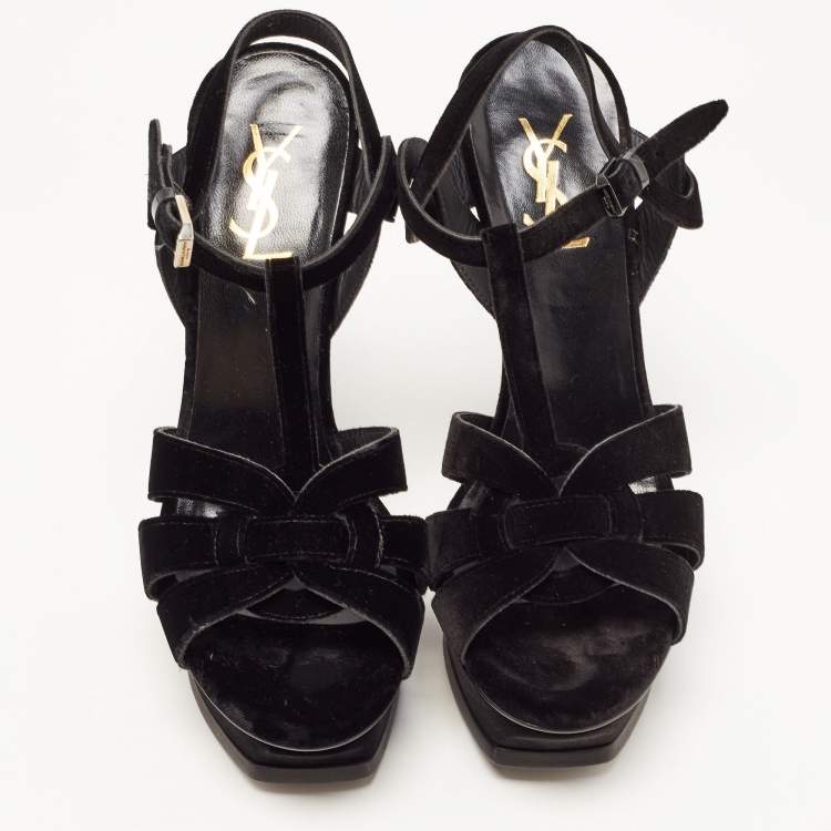 Pre Owned Saint Laurent Black Velvet Tribute Sandals Size 38.5