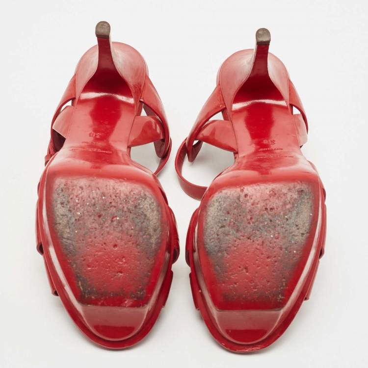 Pre Owned Saint Laurent Red Patent Leather Tribute Sandals Size 38