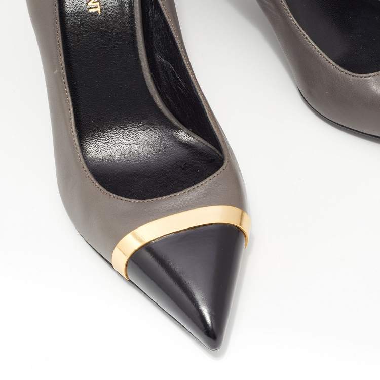 Pre Owned Saint Laurent Grey/Black Leather Metal Pointed Toe Pumps Size 37.5